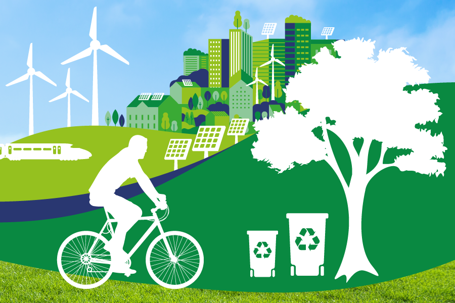 a person on a bicyle, in a green eco-friendly city